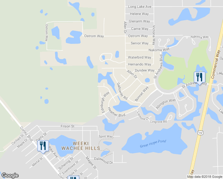 map of restaurants, bars, coffee shops, grocery stores, and more near 7396 Glasgow Road in Weeki Wachee