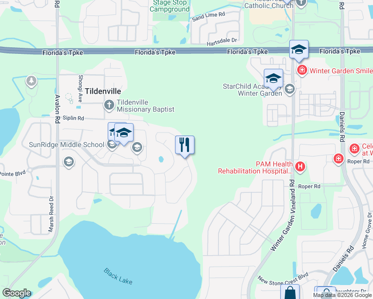 map of restaurants, bars, coffee shops, grocery stores, and more near 13995 Jomatt Loop in Winter Garden