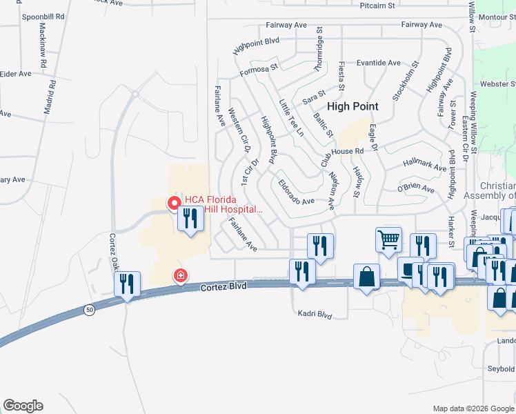 map of restaurants, bars, coffee shops, grocery stores, and more near 7392 1st Circle Drive in Brooksville