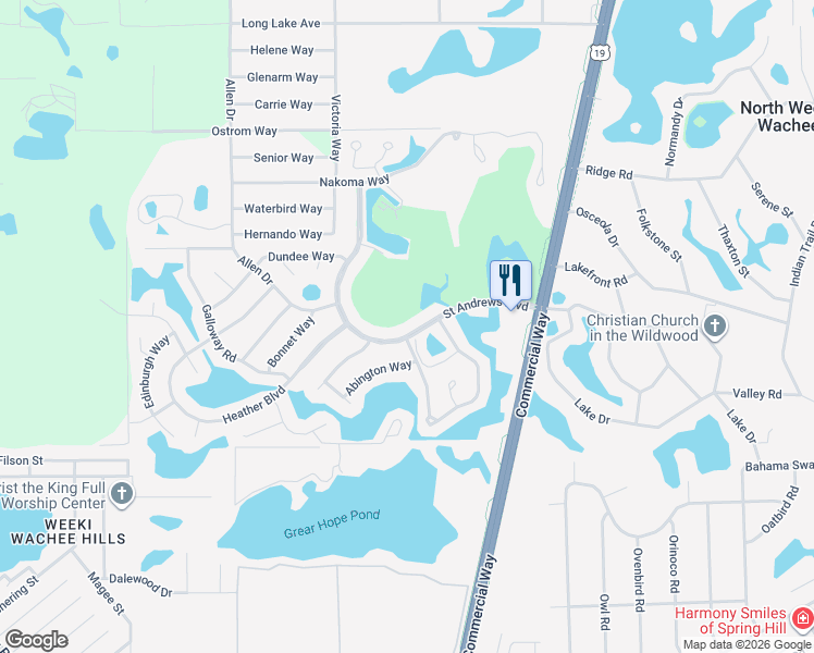 map of restaurants, bars, coffee shops, grocery stores, and more near 7566 Saint Andrews Boulevard in Weeki Wachee