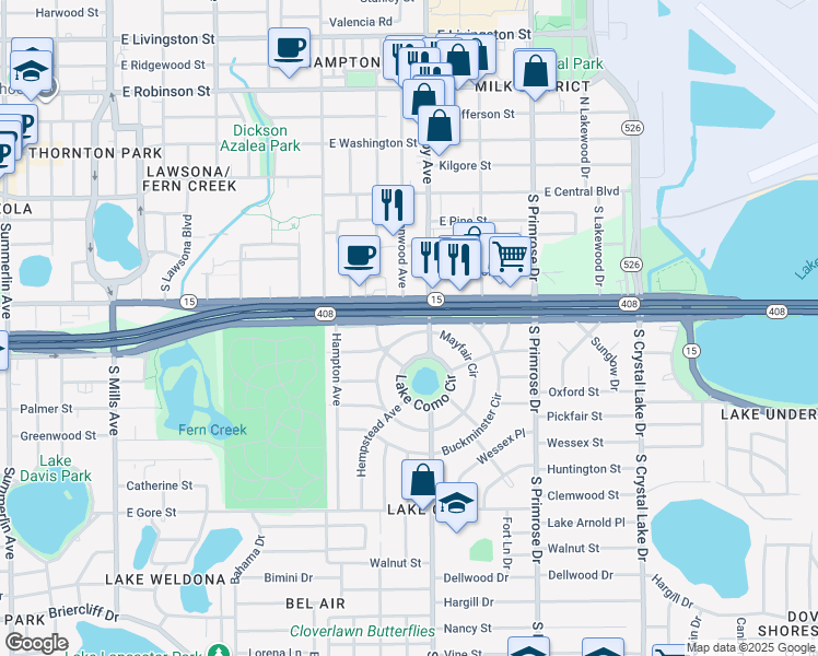 map of restaurants, bars, coffee shops, grocery stores, and more near 931 Mayfair Circle in Orlando