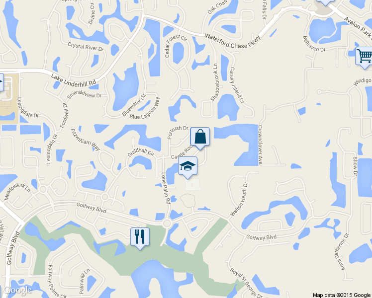 map of restaurants, bars, coffee shops, grocery stores, and more near 14143 Castlerock Drive in Orlando