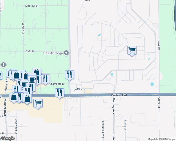 map of restaurants, bars, coffee shops, grocery stores, and more near 7649 Moriah Avenue in Brooksville