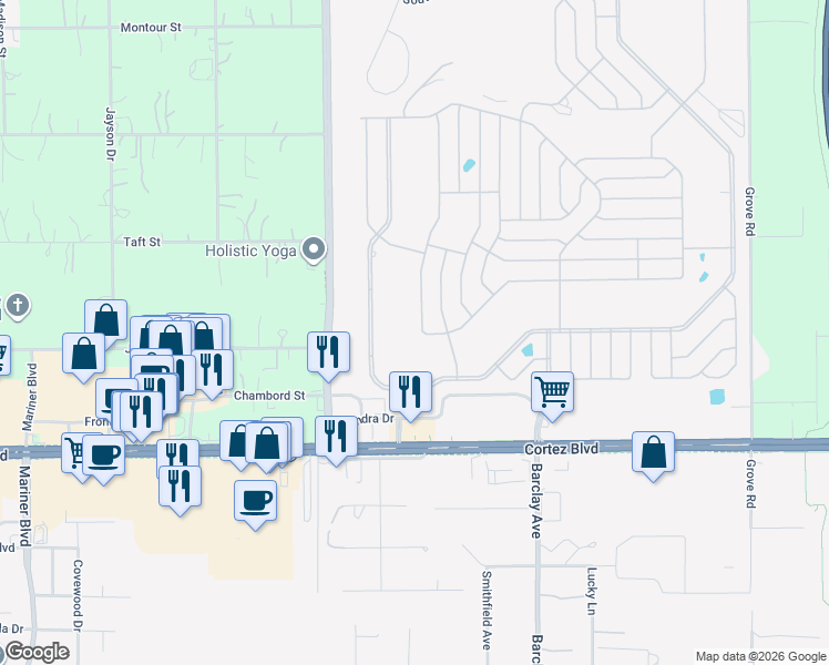 map of restaurants, bars, coffee shops, grocery stores, and more near 7649 Moriah Avenue in Brooksville