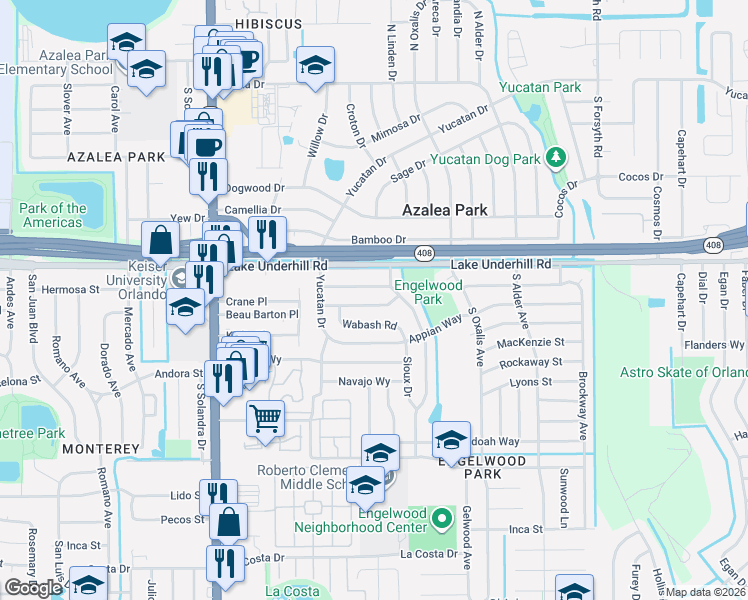 map of restaurants, bars, coffee shops, grocery stores, and more near 6032 Chenango Lane in Orlando
