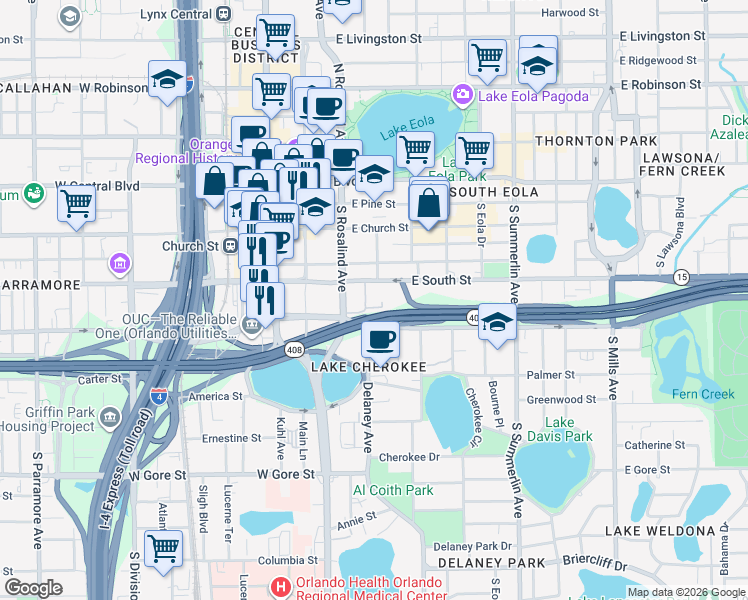 map of restaurants, bars, coffee shops, grocery stores, and more near 204 East South Street in Orlando