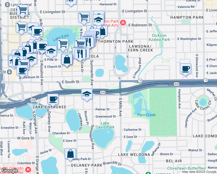 map of restaurants, bars, coffee shops, grocery stores, and more near 421 South Hyer Avenue in Orlando