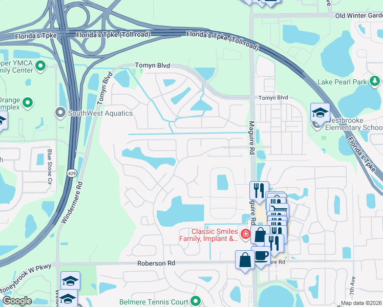 map of restaurants, bars, coffee shops, grocery stores, and more near 313 Carisbrooke Street in Ocoee