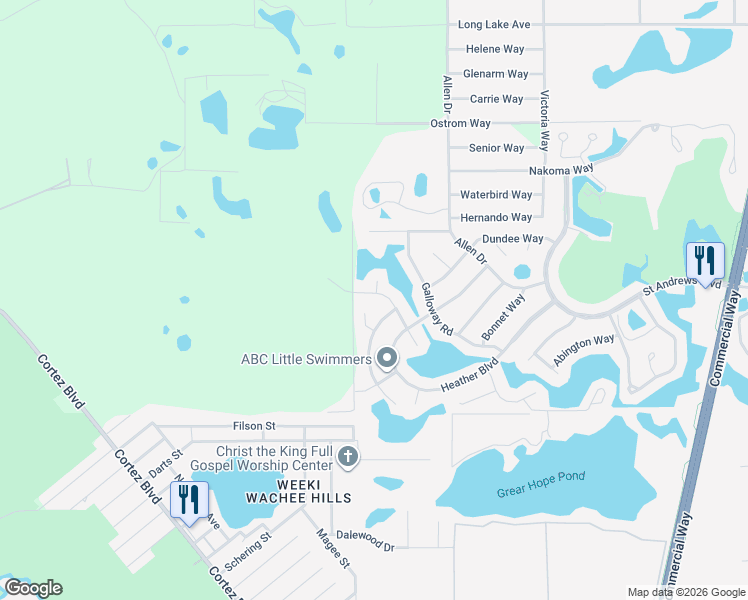 map of restaurants, bars, coffee shops, grocery stores, and more near 7411 Glasgow Road in Weeki Wachee