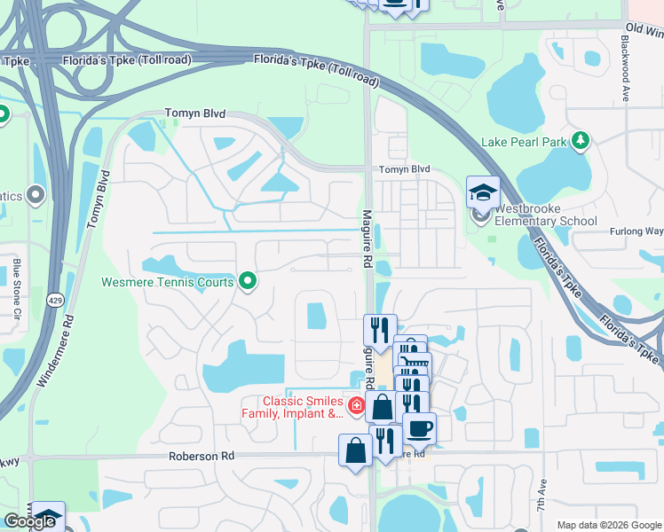 map of restaurants, bars, coffee shops, grocery stores, and more near 2 Moor Green Court in Ocoee
