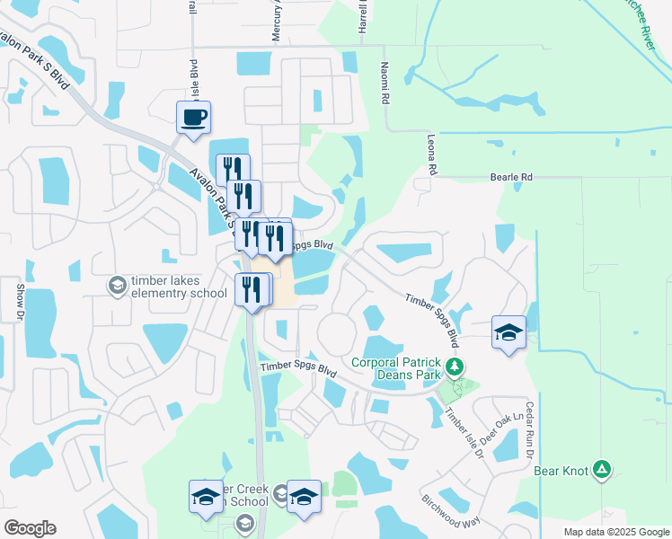 map of restaurants, bars, coffee shops, grocery stores, and more near 422 Spring River Drive in Orlando