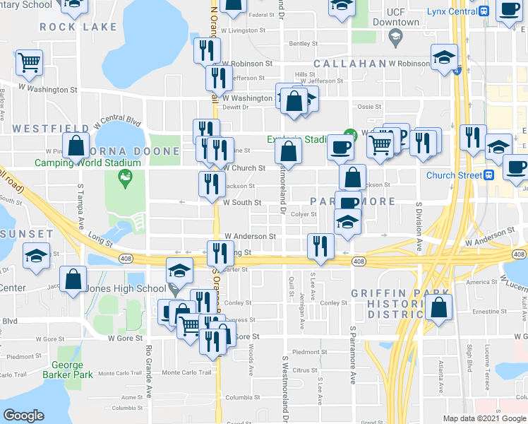 map of restaurants, bars, coffee shops, grocery stores, and more near 1034 Colyer Street in Orlando