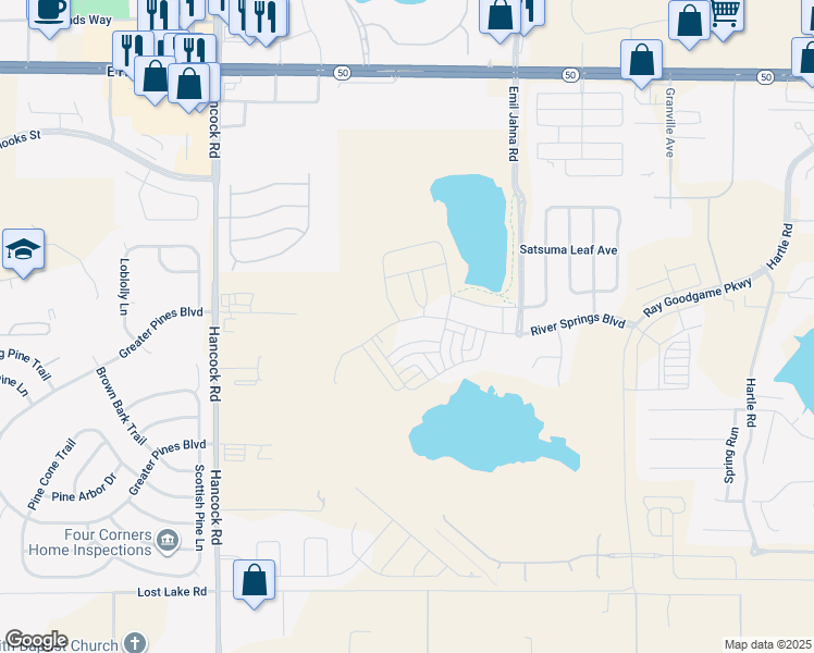 map of restaurants, bars, coffee shops, grocery stores, and more near Valencia Blossom Street in Clermont