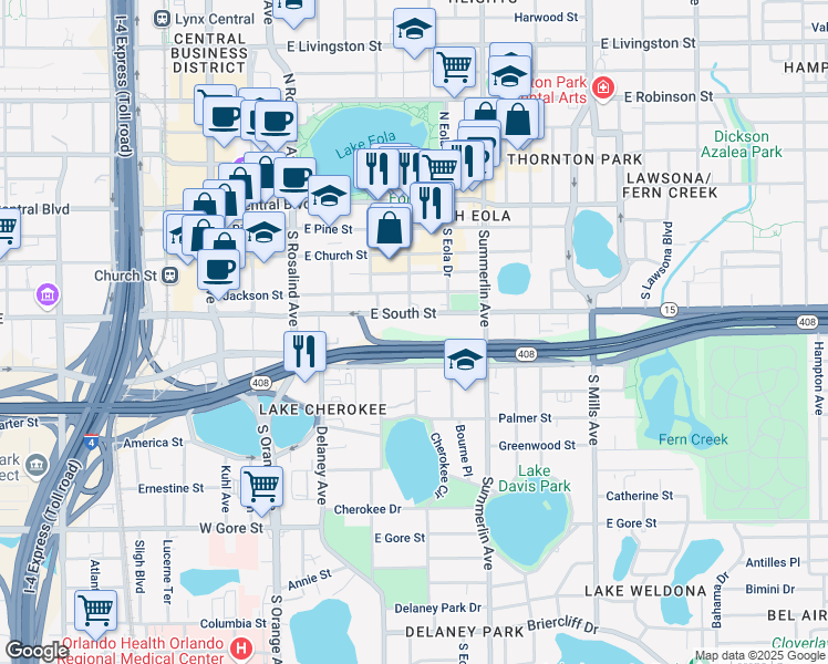 map of restaurants, bars, coffee shops, grocery stores, and more near South Saint Brides Circle in Orlando
