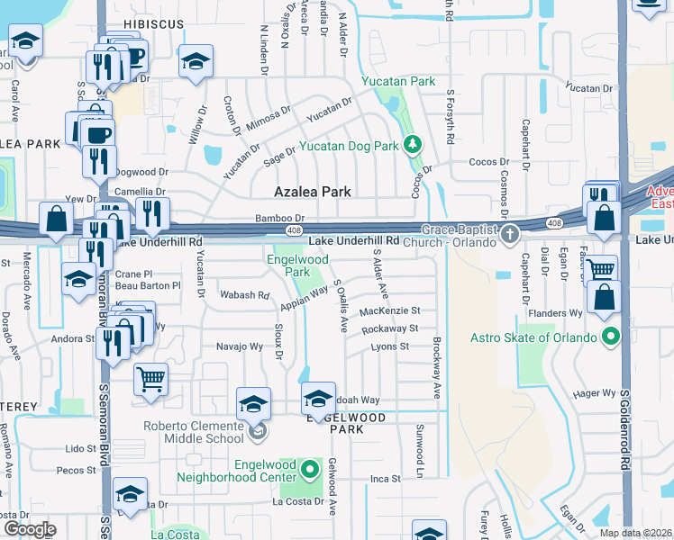 map of restaurants, bars, coffee shops, grocery stores, and more near 417 South Oxalis Avenue in Orlando