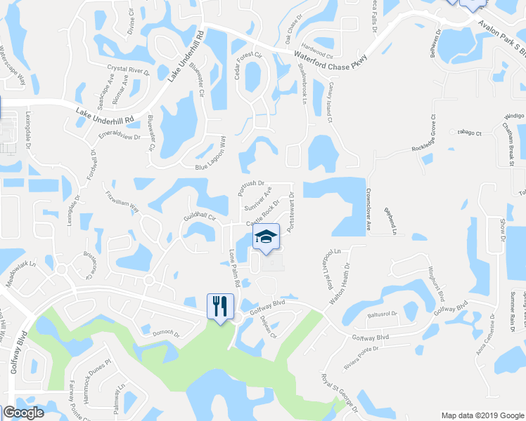 map of restaurants, bars, coffee shops, grocery stores, and more near 14143 Castlerock Drive in Orlando