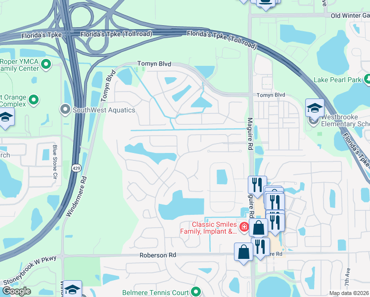 map of restaurants, bars, coffee shops, grocery stores, and more near 313 Carisbrooke Street in Ocoee