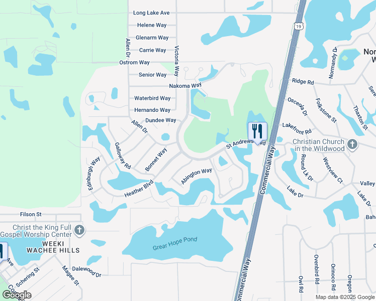 map of restaurants, bars, coffee shops, grocery stores, and more near 7636 Saint Andrews Boulevard in Spring Hill