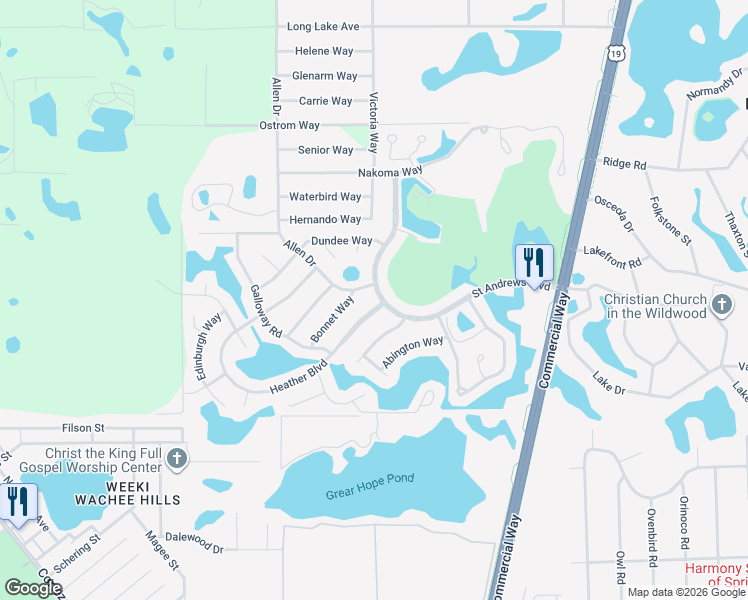 map of restaurants, bars, coffee shops, grocery stores, and more near 9085 Heather Boulevard in Spring Hill