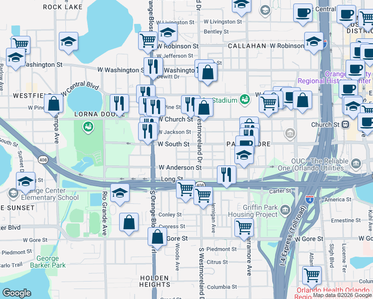 map of restaurants, bars, coffee shops, grocery stores, and more near 1034 Colyer Street in Orlando