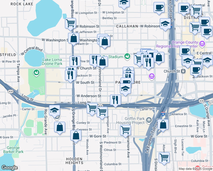 map of restaurants, bars, coffee shops, grocery stores, and more near 808 Colyer Street in Orlando