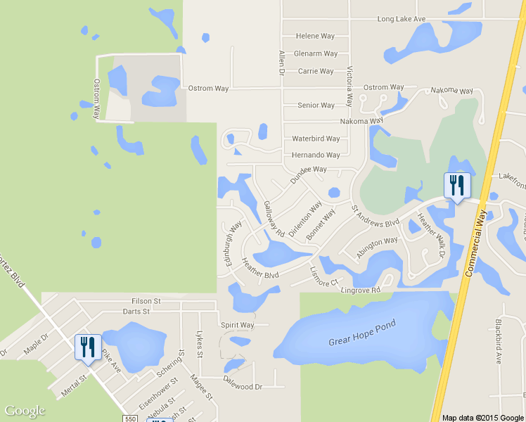 map of restaurants, bars, coffee shops, grocery stores, and more near 7401 Galloway Road in Weeki Wachee