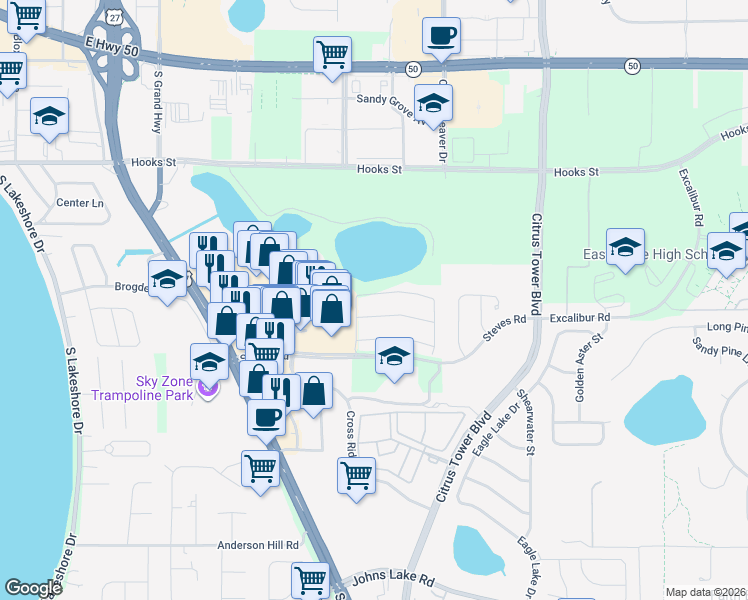 map of restaurants, bars, coffee shops, grocery stores, and more near 1420 Cabot Drive in Clermont