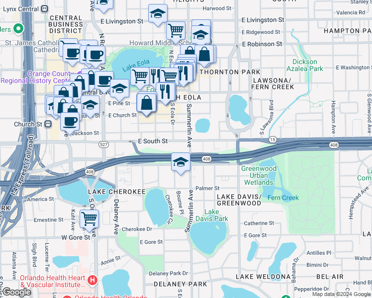 map of restaurants, bars, coffee shops, grocery stores, and more near 618 East South Street in Orlando