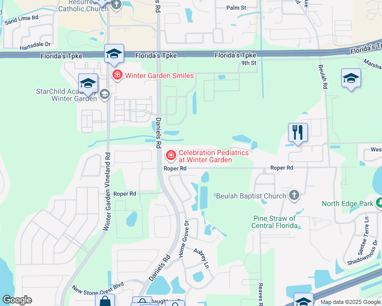 map of restaurants, bars, coffee shops, grocery stores, and more near 254 Black Springs Lane in Winter Garden