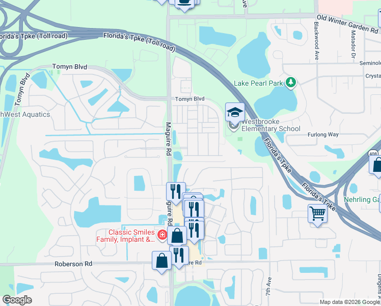 map of restaurants, bars, coffee shops, grocery stores, and more near 237 White Dogwood Lane in Ocoee