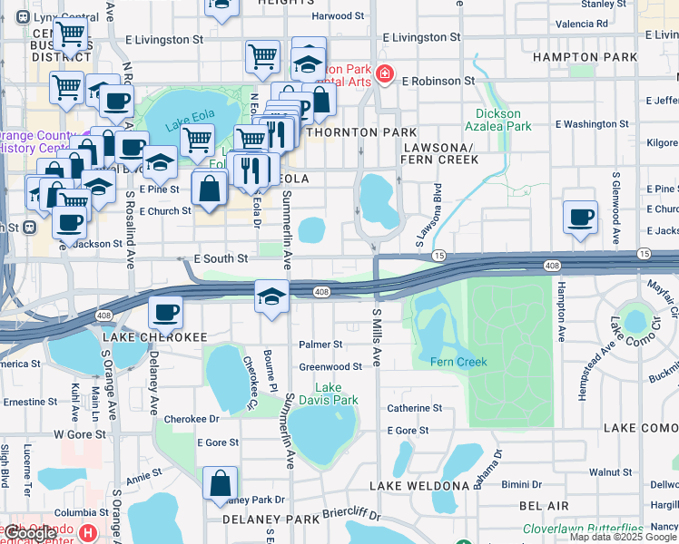 map of restaurants, bars, coffee shops, grocery stores, and more near 421 South Hyer Avenue in Orlando