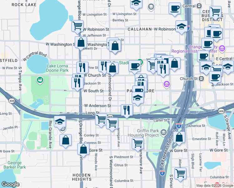 map of restaurants, bars, coffee shops, grocery stores, and more near 808 Colyer Street in Orlando