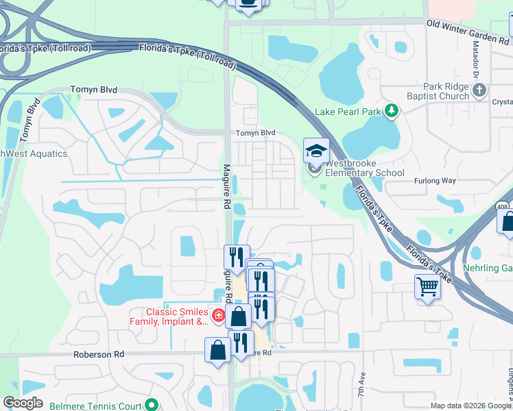 map of restaurants, bars, coffee shops, grocery stores, and more near 237 White Dogwood Lane in Ocoee
