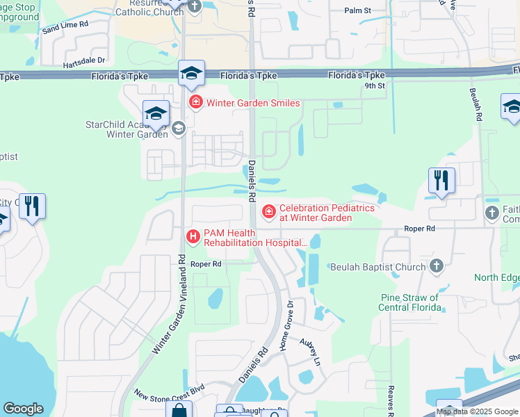 map of restaurants, bars, coffee shops, grocery stores, and more near 200 Black Springs Lane in Winter Garden