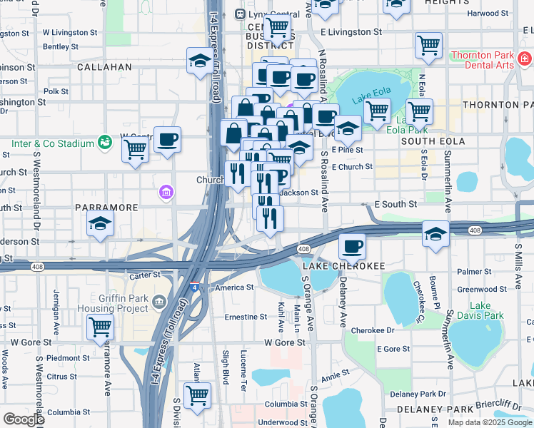 map of restaurants, bars, coffee shops, grocery stores, and more near 450 South Orange Avenue in Orlando