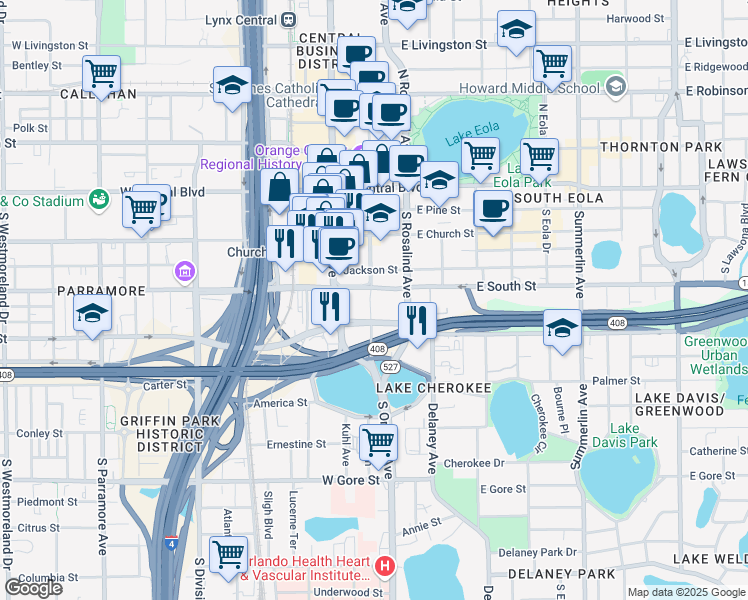 map of restaurants, bars, coffee shops, grocery stores, and more near 401 South Magnolia Avenue in Orlando