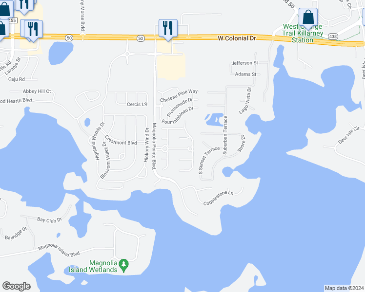 map of restaurants, bars, coffee shops, grocery stores, and more near 17423 Magnolia View Drive in Clermont