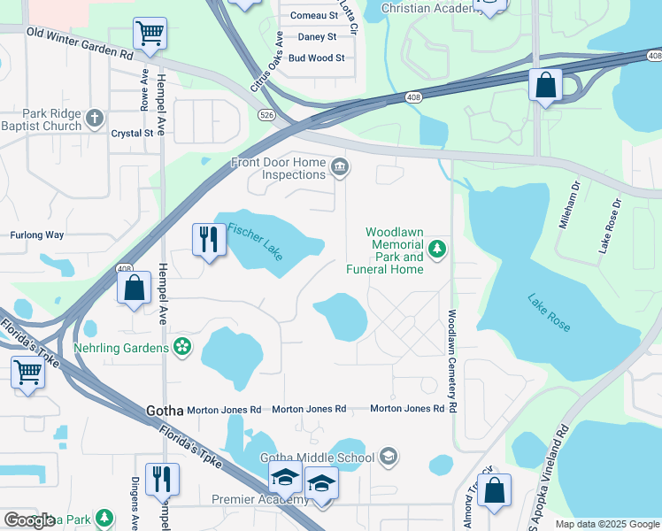 map of restaurants, bars, coffee shops, grocery stores, and more near 2000 Carolina Avenue in Gotha