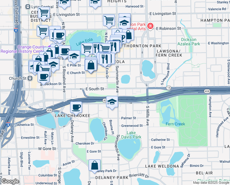 map of restaurants, bars, coffee shops, grocery stores, and more near 420 South Summerlin Avenue in Orlando