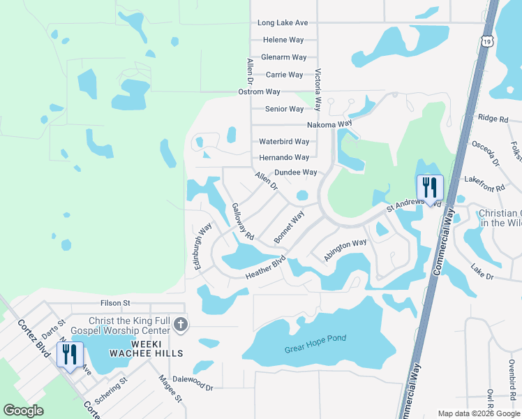 map of restaurants, bars, coffee shops, grocery stores, and more near 8508 Heather Boulevard in Brooksville