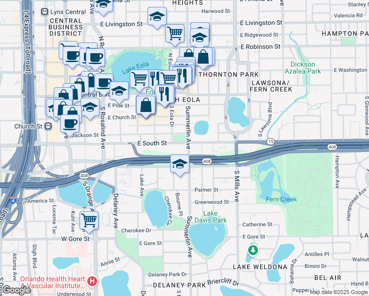 map of restaurants, bars, coffee shops, grocery stores, and more near 420 South Summerlin Avenue in Orlando