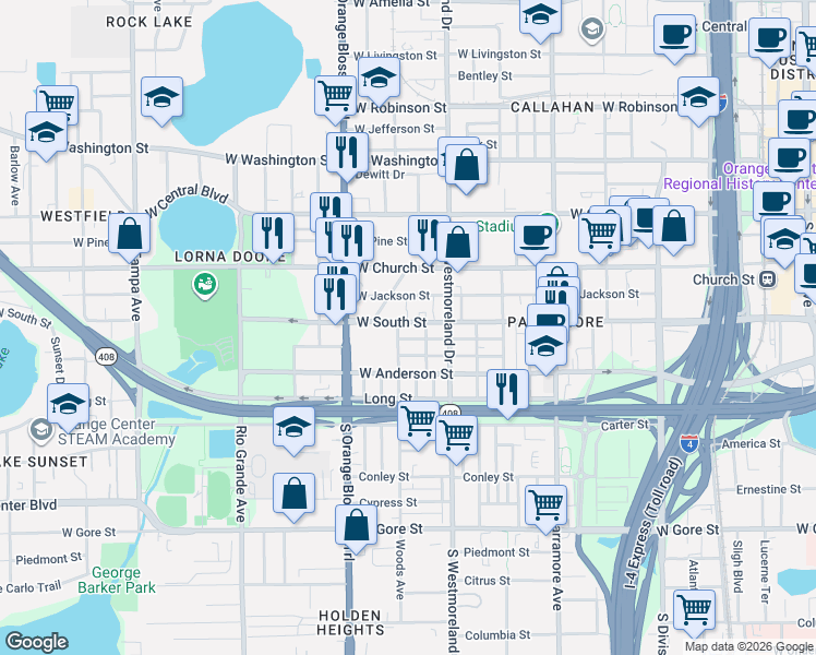 map of restaurants, bars, coffee shops, grocery stores, and more near 1034 Colyer Street in Orlando