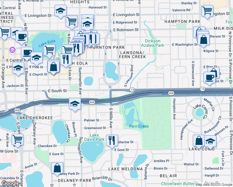 map of restaurants, bars, coffee shops, grocery stores, and more near South Saint Brides Circle in Orlando