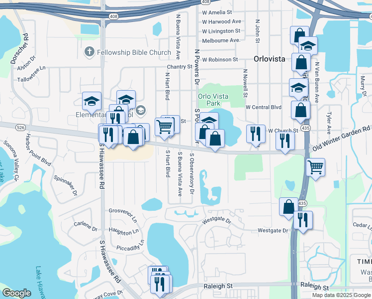 map of restaurants, bars, coffee shops, grocery stores, and more near 6320 State Highway 526 in Orlando