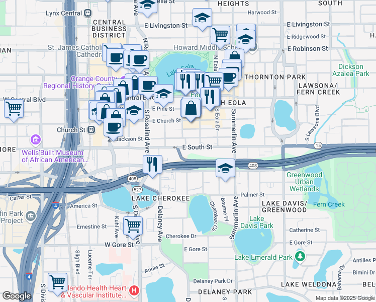 map of restaurants, bars, coffee shops, grocery stores, and more near 400 East South Street in Orlando