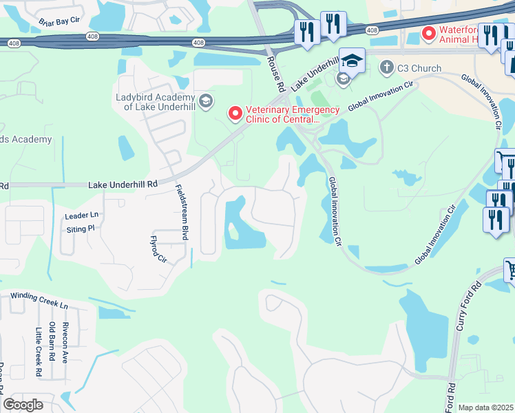 map of restaurants, bars, coffee shops, grocery stores, and more near 543 Fern Lake Drive in Orlando
