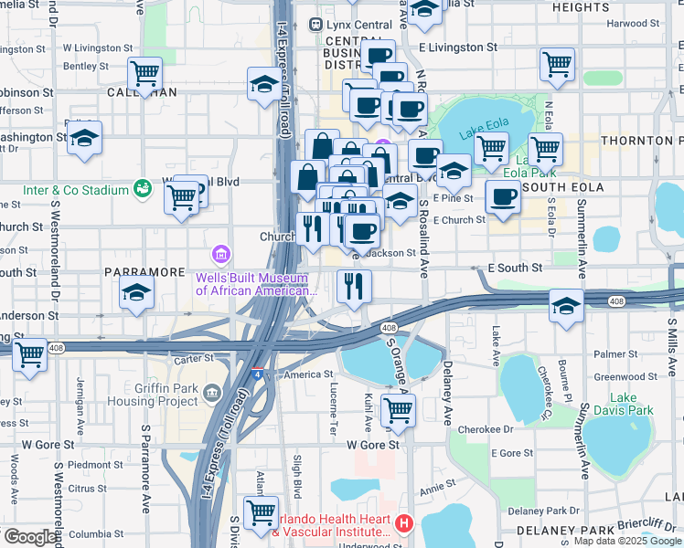 map of restaurants, bars, coffee shops, grocery stores, and more near 400 South Orange Avenue in Orlando