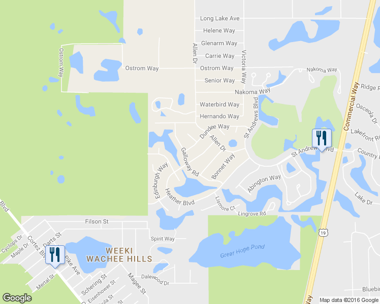 map of restaurants, bars, coffee shops, grocery stores, and more near 7400 Dundee Way in Brooksville