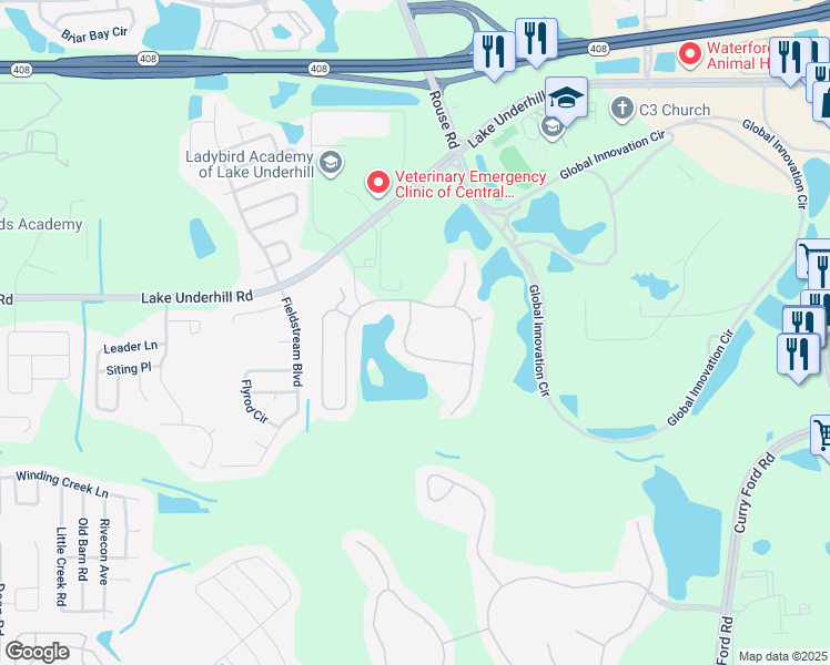 map of restaurants, bars, coffee shops, grocery stores, and more near 543 Fern Lake Drive in Orlando