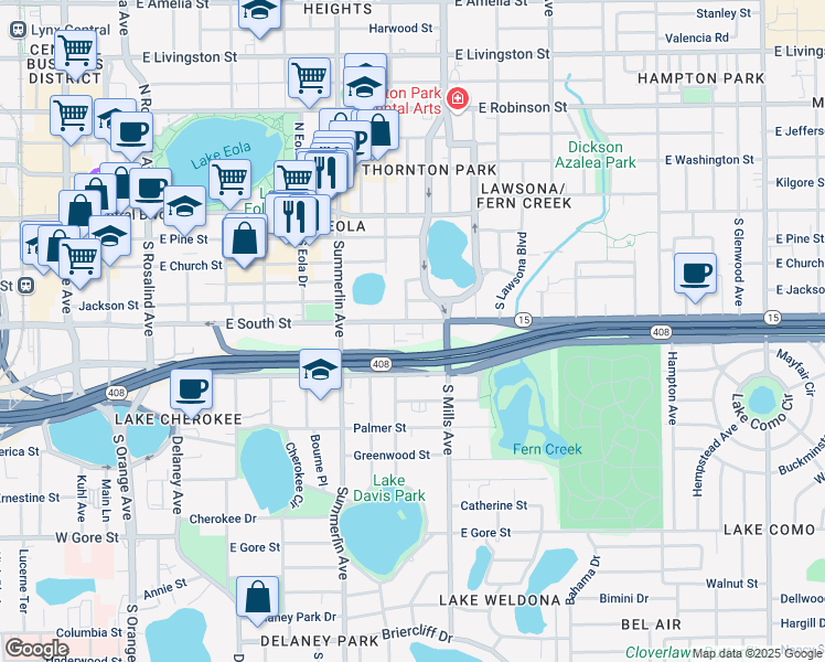 map of restaurants, bars, coffee shops, grocery stores, and more near 421 South Hyer Avenue in Orlando